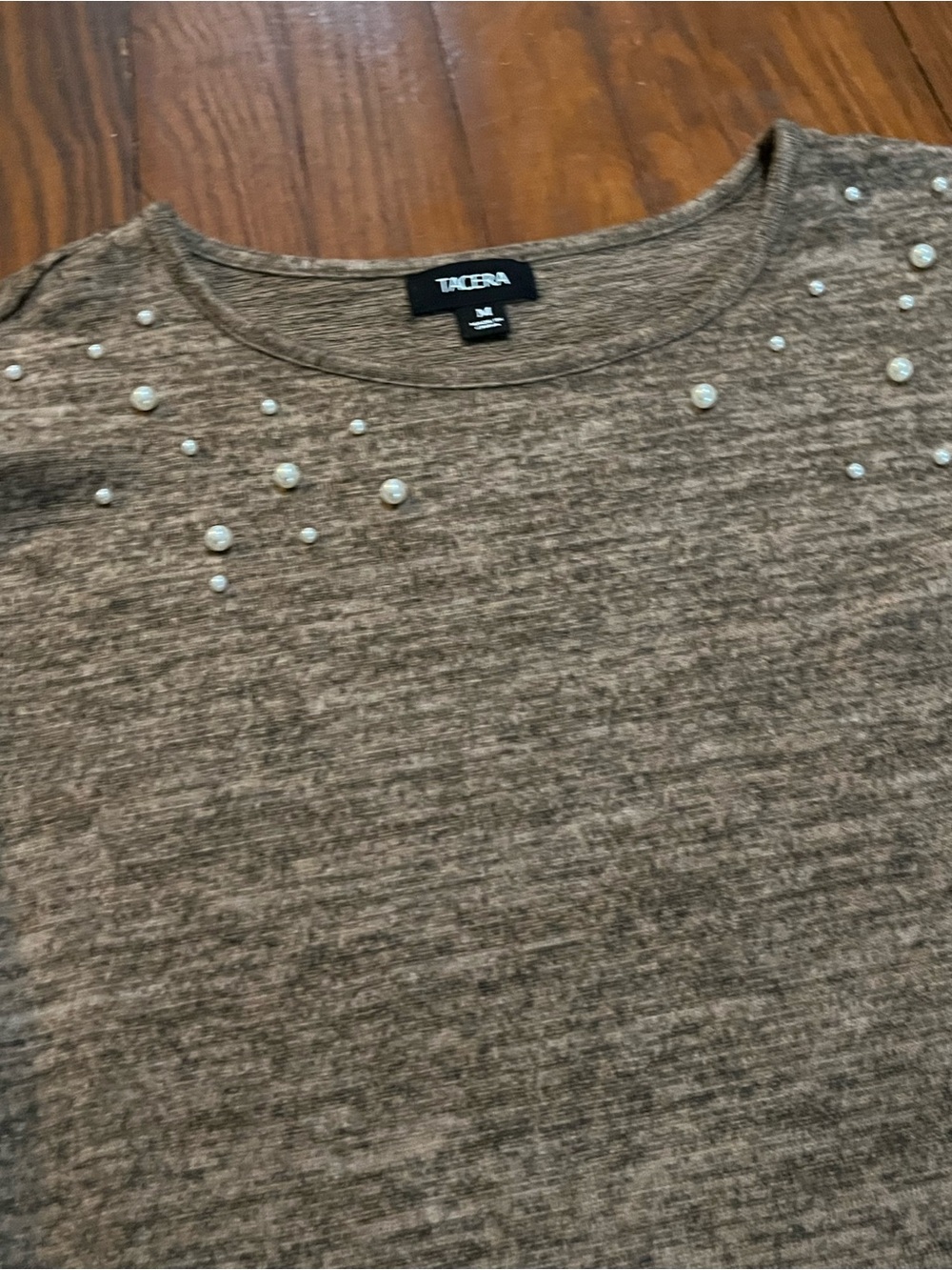 TACERA Brown Pearl-Embellished Women's Dress with Puffy Pearl Sleeves